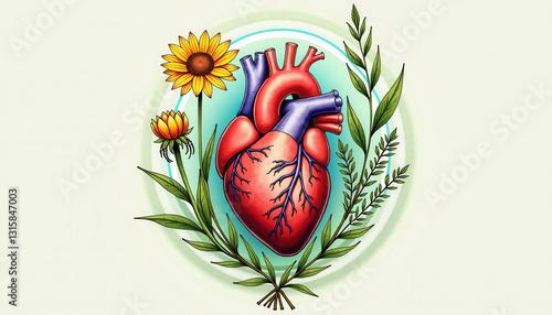 Heart with Floral Elements Illustration for Holistic Health Education and Natural Cardiovascular Wellness