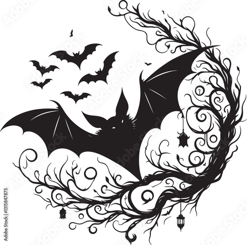Create a bat vector art silhouette with white background
