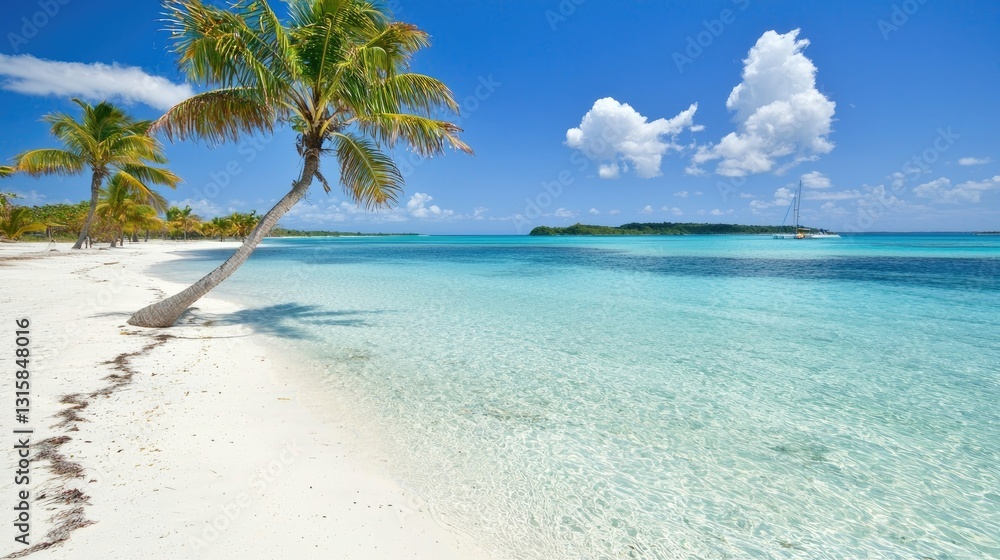 Naklejka premium Tropical Beach Landscape with Clear Turquoise Water, White Sand, and Elegant Palm Trees Under a Bright Blue Sky with Fluffy Clouds in Paradise Setting