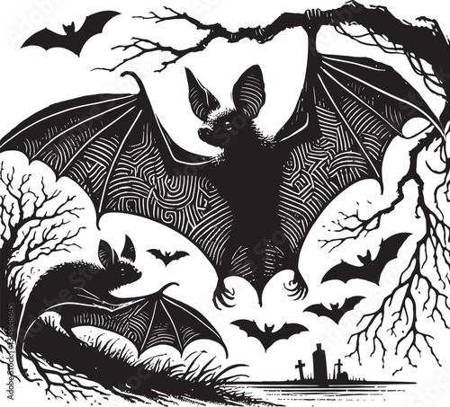 Create a bat vector art silhouette with white background