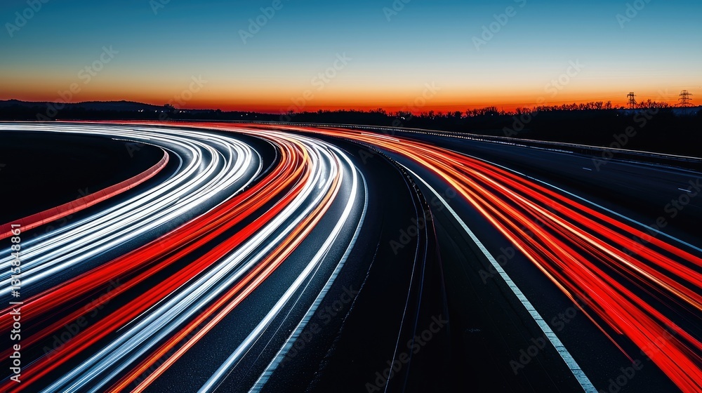 Dynamic Long Exposure Night Traffic Scene on an Urban Highway with Colorful Light Trails at Sunset Dynamic Long Exposure Night Traffic Scene on an Urban Highway with Colorful Light Trails at Sunset