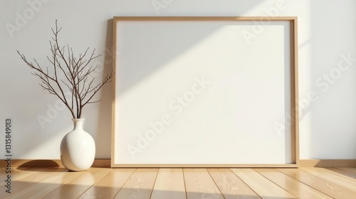 Minimalist Room Interior Design Mockup Featuring a Large Empty Frame and Simple Branch Arrangement