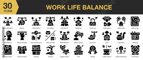 Work Life Balance solid icon set. Includes career, strategy, harmony, stress, wellness, and More. Solid icons vector collection.