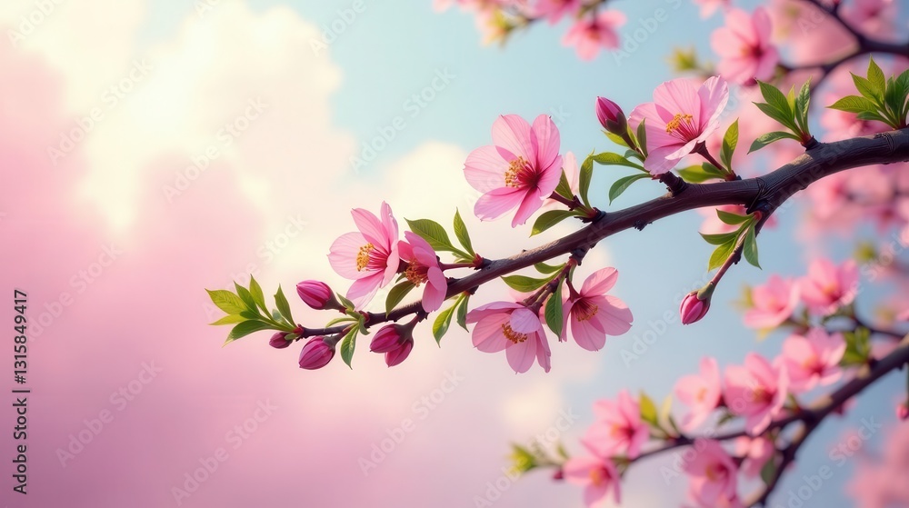 Delicate Pink Blossoms on a Branch Against a Soft Pastel Sky, a Symbol of Spring's Gentle Arrival and the Promise of New Beginnings Delicate Pink Blossoms on a Branch Against a Soft Pastel Sky, a Symbol of Spring's Gentle Arrival and the Promise of New Beginnings