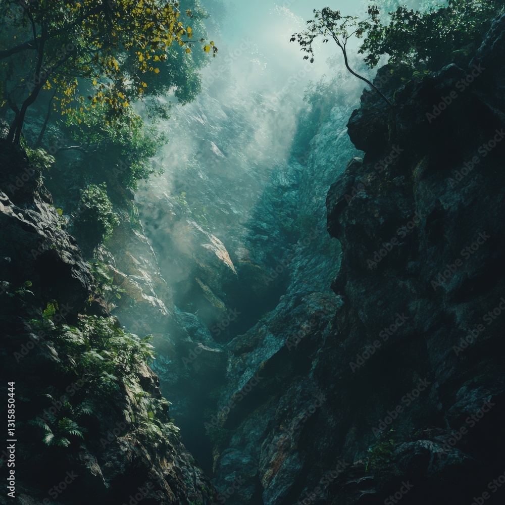 Obraz premium Sunbeams Illuminate Mystical Forest Canyon Dark Green Foliage and Misty Atmosphere