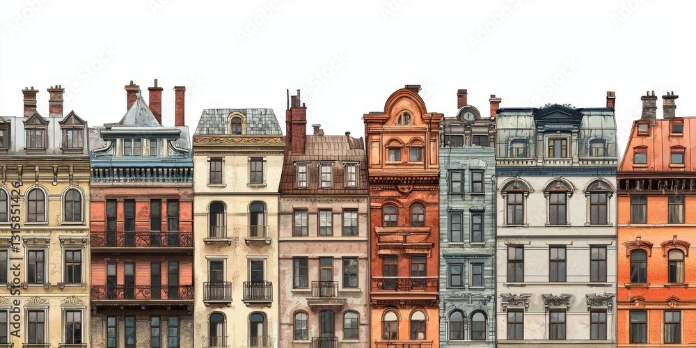 Obraz premium Urban Architecture, Cityscape, Buildings, Facades, Windows, Balconies, Rooftops, Chimneys, Doors, Exterior