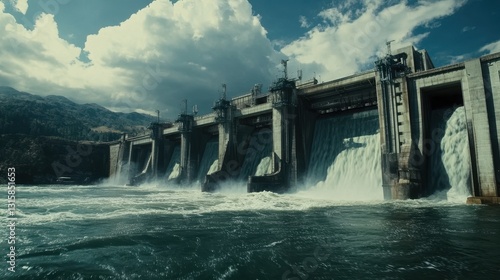 Obraz na płótnie Powerful Water Release from a Large Hydro Dam Under Dramatic Sky