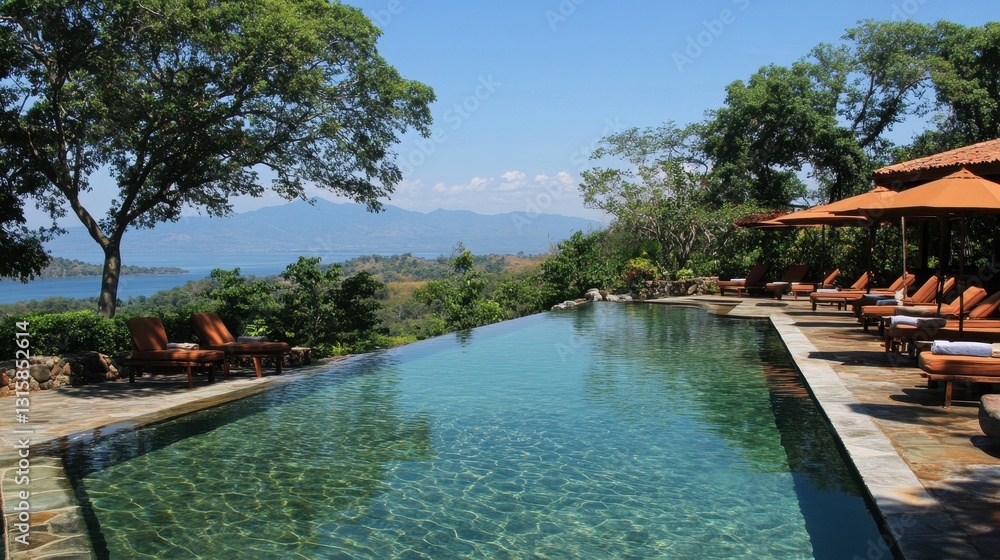 Obraz premium Serene Luxury Pool Surrounded by Lush Greenery and Scenic Views