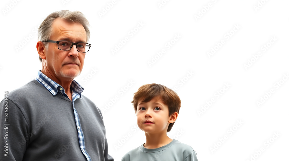 Mature Son Standing Overshadowed By His Elderly Father, White Background Mature Son Standing Overshadowed By His Elderly Father, White Background