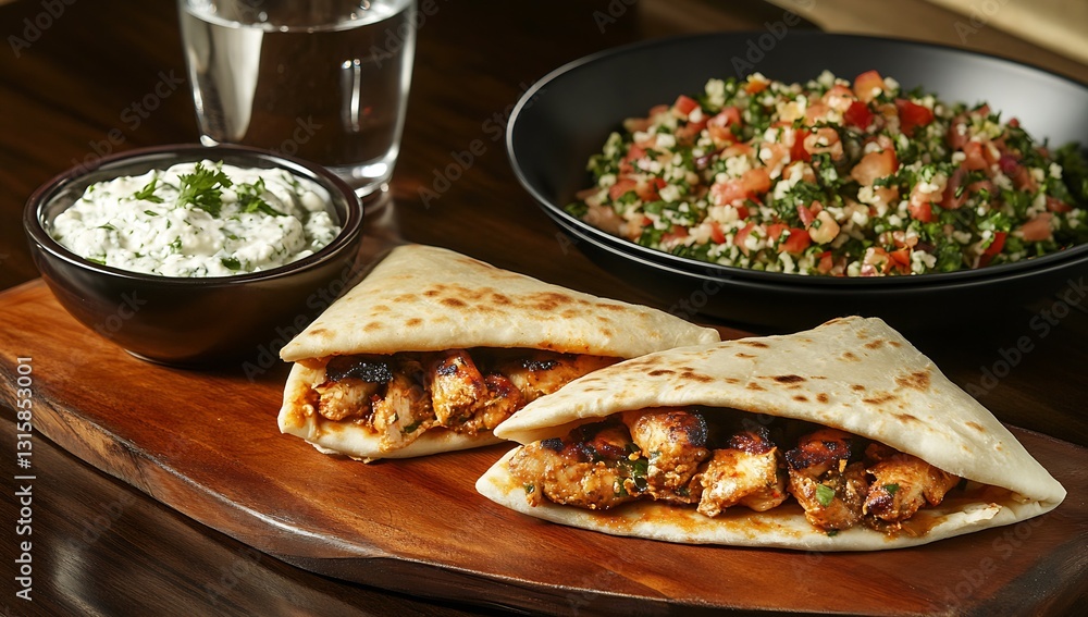 Taste the smoky grilled chicken wraps served with refreshing tabbouleh salad and creamy sauces : Generative AI Taste the smoky grilled chicken wraps served with refreshing tabbouleh salad and creamy sauces : Generative AI