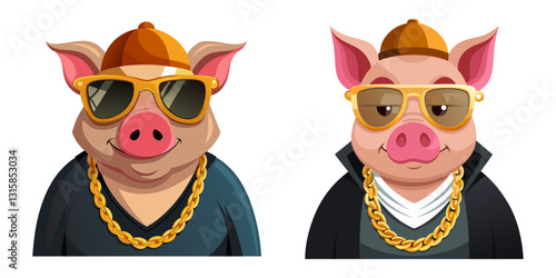 A pig with shutter shades and a gold chain, looking like a rapper