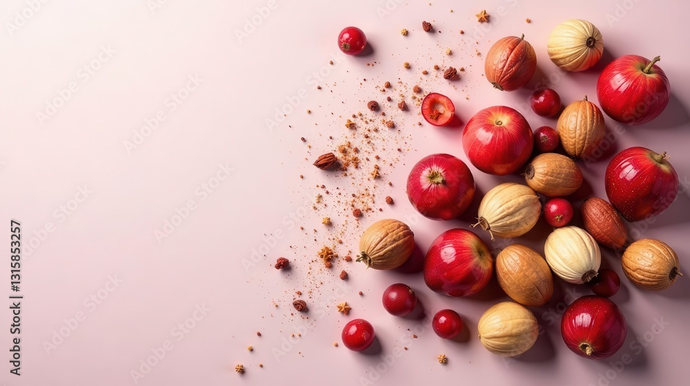 A Festive Arrangement of Red Apples and Autumnal Fruits with Spiced Crumble on a Pale Pink Surface A Festive Arrangement of Red Apples and Autumnal Fruits with Spiced Crumble on a Pale Pink Surface