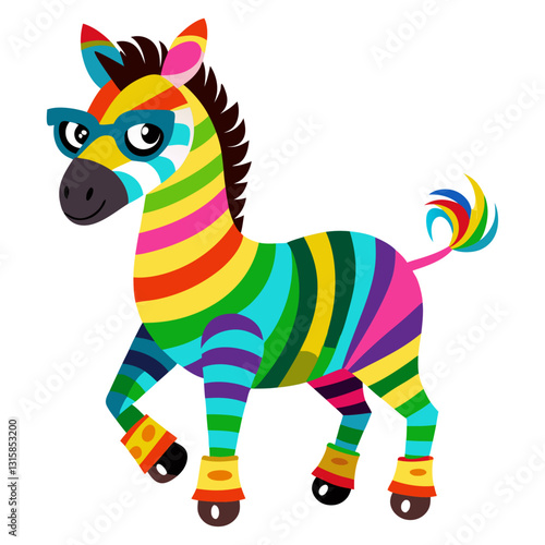 A zebra in rainbow-colored sunglasses and roller skates