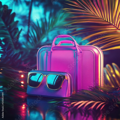 Vibrant Pink and Purple Suitcases and Sunglasses Amid Tropical Foliage under Neon Lights