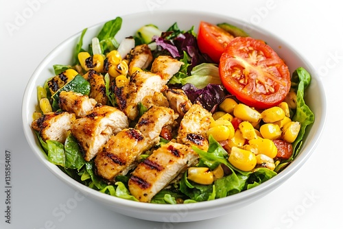 Grilled chicken salad with corn and tomatoes served on a bed of mixed greens for a tasty meal : Generative AI