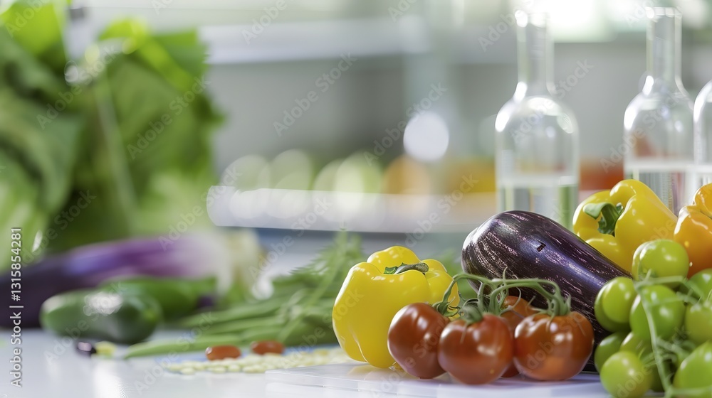 Close-up of vibrant genetically modified fruits and vegetables arranged on a white surface, symbolizing modern agriculture and biotechnology advancements in food production. Close-up of vibrant genetically modified fruits and vegetables arranged on a white surface, symbolizing modern agriculture and biotechnology advancements in food production.