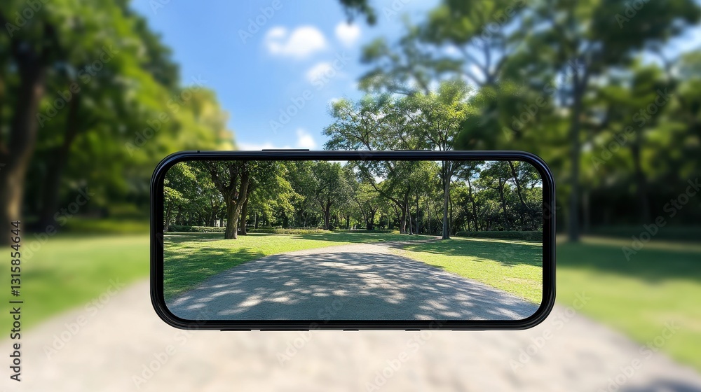Smartphone Displaying Scenic Park Landscape with Lush Greenery