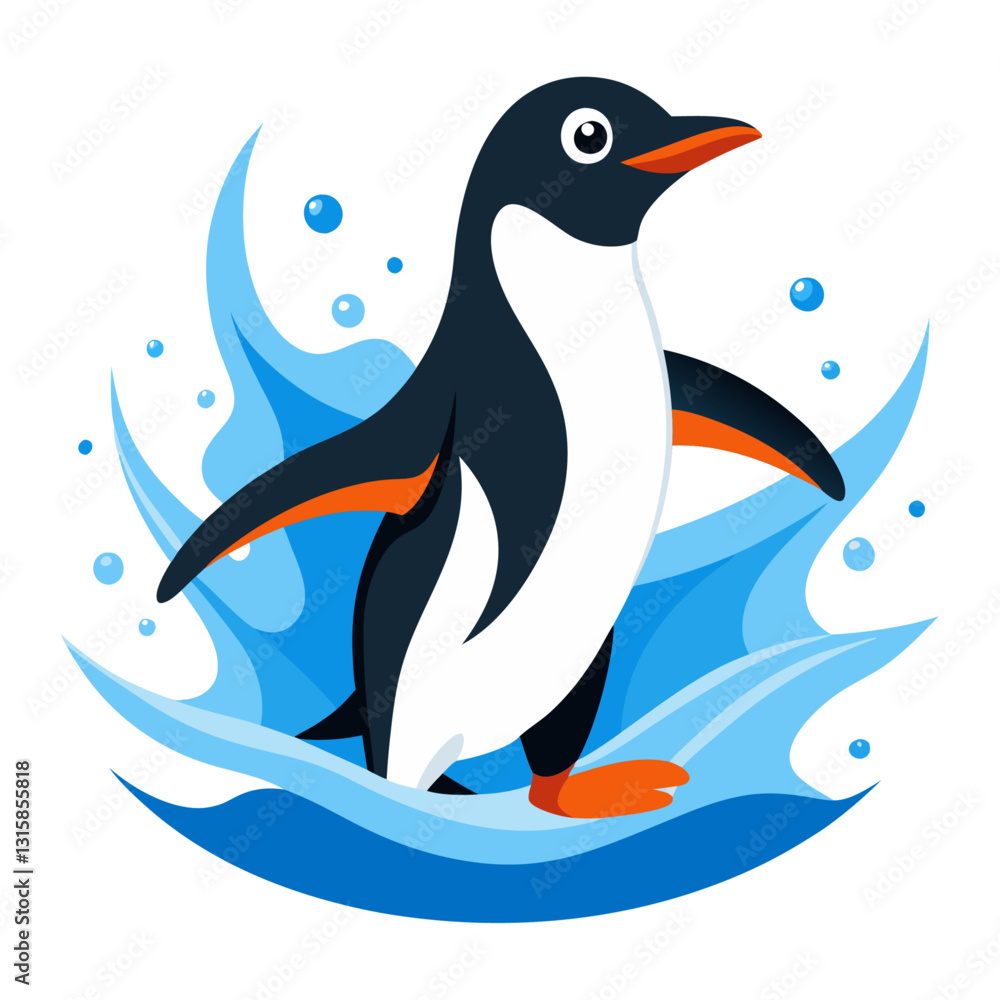 Obraz premium A penguin leaps out of the water with its wings spread wide. creating a spray of water as it emerges from the ocean.