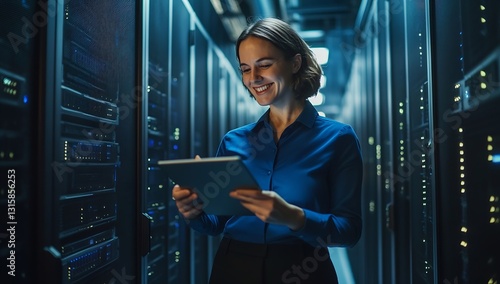Smiling woman using tablet to manage server infrastructure in a dark data center : Generative AI