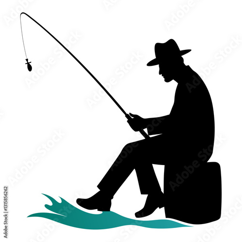 Silhouette of a male fisherman sitting patiently while casting a line into the water.