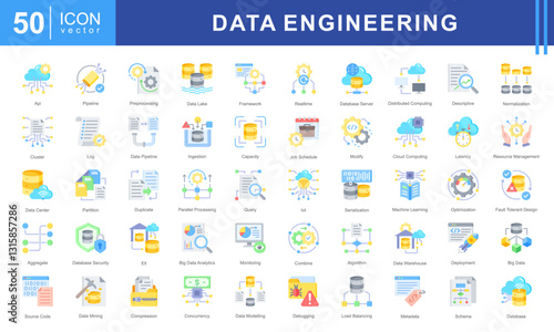 Data Engineering icon set featuring icons for data processing, pipelines, cloud computing, machine learning, and big data management. Ideal for IT, analytics, and database infrastructure projects.