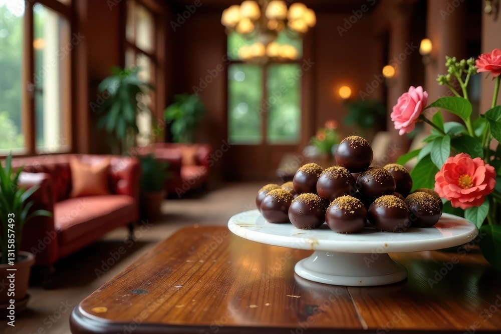 Luxurious Chocolate Truffles on a White Pedestal in an Elegant Room Setting Luxurious Chocolate Truffles on a White Pedestal in an Elegant Room Setting