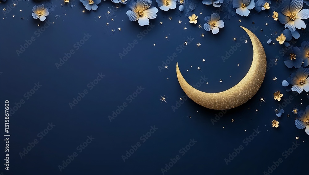 Naklejka premium Elegant design featuring a golden crescent moon surrounded by delicate blue flowers on a dark backdrop : Generative AI
