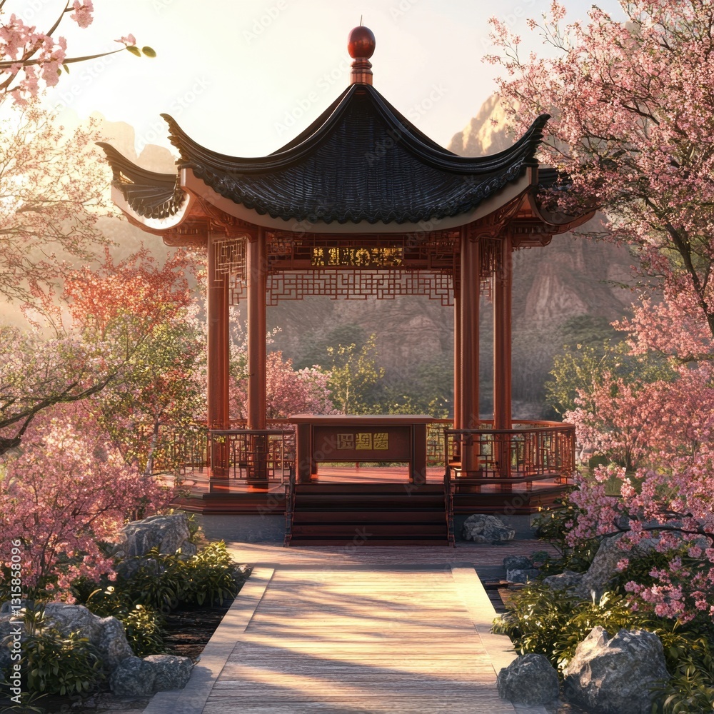 Fototapeta premium a beautiful oriental style gazebo in a garden setting with cherry blossoms.