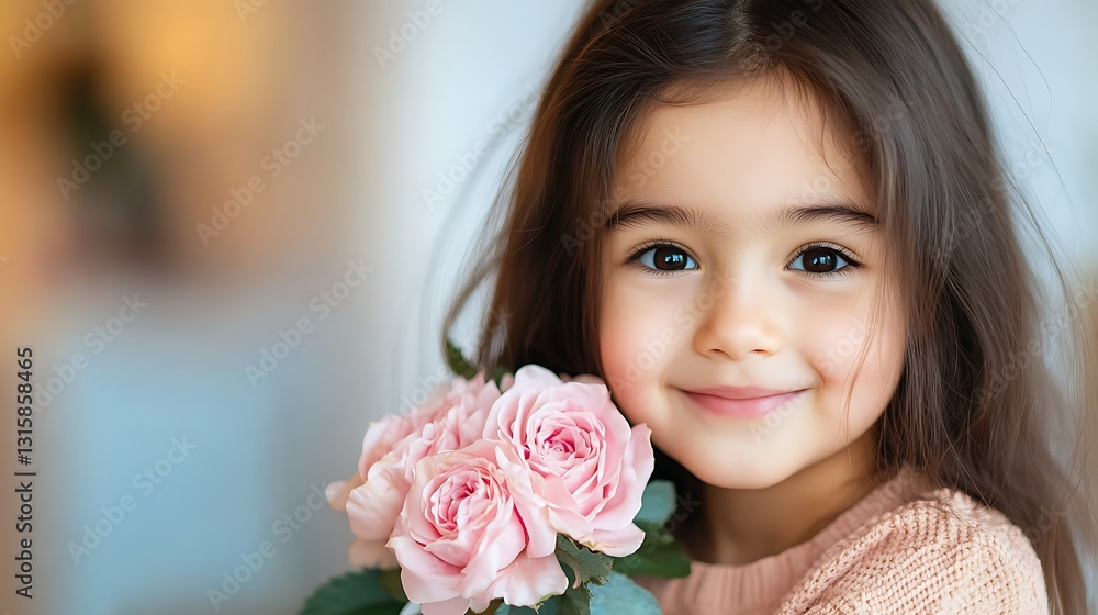 Joyful young girl holding pink roses indoor setting portrait photography soft lighting Joyful young girl holding pink roses indoor setting portrait photography soft lighting