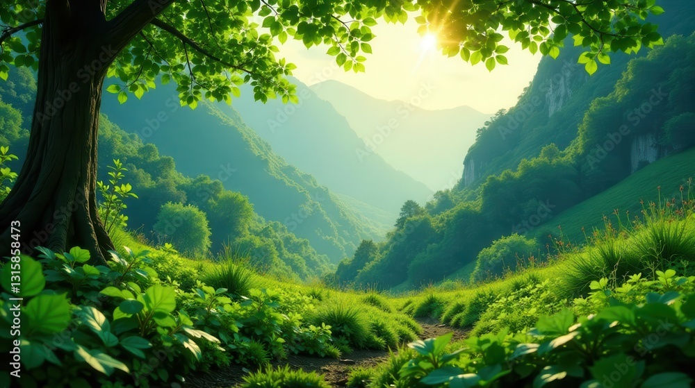 Serene Sunrise Over Lush Green Mountain Valley, A Path Beckons Through Vibrant Foliage, Sunlight Filtering Through Canopy Serene Sunrise Over Lush Green Mountain Valley, A Path Beckons Through Vibrant Foliage, Sunlight Filtering Through Canopy
