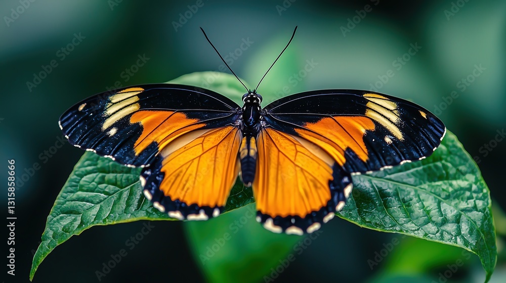 Orange and Black Butterfly Resting on a Large Green Leaf, Top View Orange and Black Butterfly Resting on a Large Green Leaf, Top View