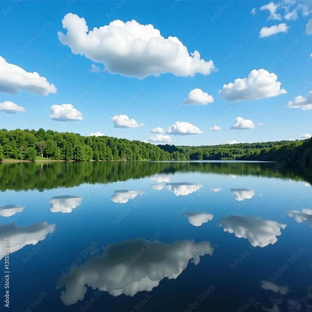 Fototapeta premium Beautiful blue sky with fluffy clouds mirrored on tranquil lake creating symmetry, lake, reflection
