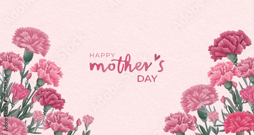 Carnation banner design with a soft watercolor style, celebrating the beautiful moments of Mother's Day. Vector illustration.