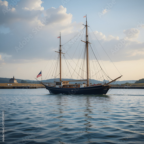 Antique boat sailing around Sandy Point, a sandspit harbor in Stonington, Connecticut, United States. photo