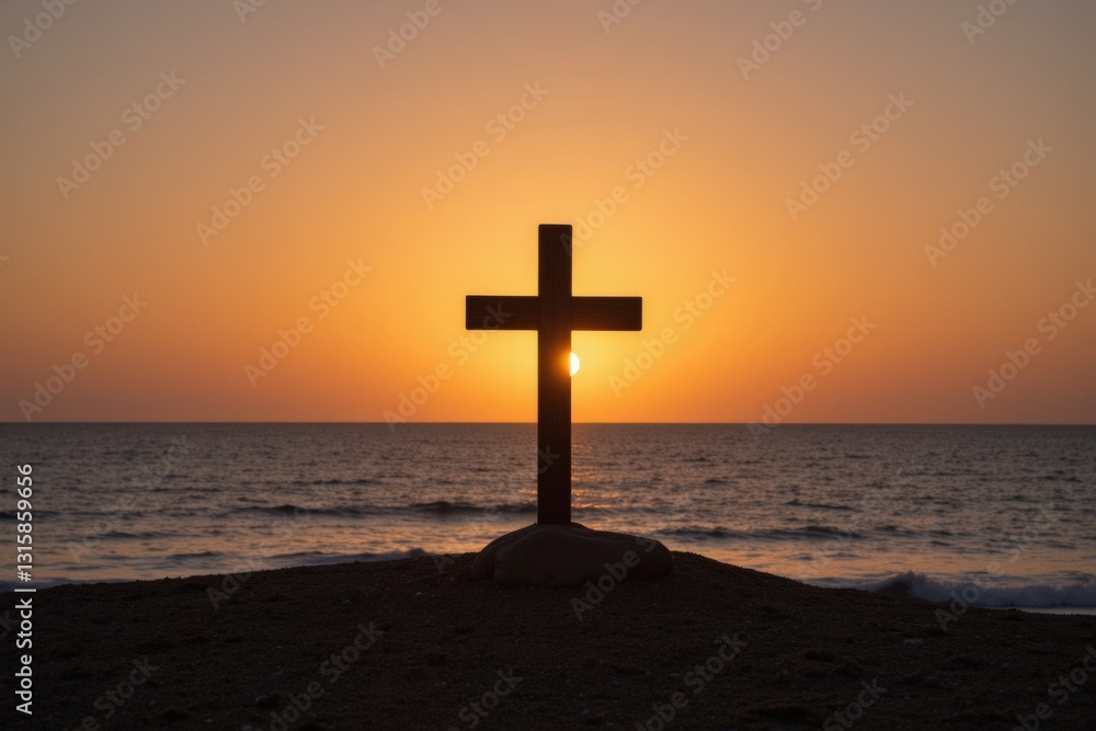 Stunning Sunset Over the Ocean with a Silhouette of a Cross at a Beach, Emphasizing Themes of Faith and Tranquility Stunning Sunset Over the Ocean with a Silhouette of a Cross at a Beach, Emphasizing Themes of Faith and Tranquility