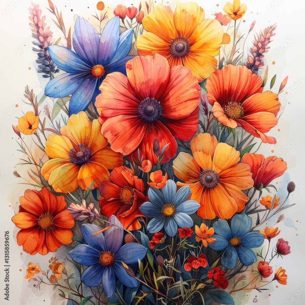 Fototapeta premium Vibrant botanical watercolor painting, detailed florals with a modern artistic twist, warm and fresh color palette