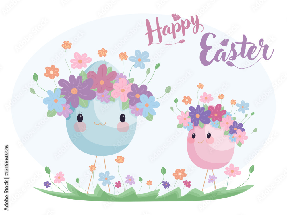 Flat vector illustration of two smiling Easter eggs with floral wreaths, thin legs and cheerful expressions standing on grass. Perfect for holiday greeting cards, invitations and festive decorations Flat vector illustration of two smiling Easter eggs with floral wreaths, thin legs and cheerful expressions standing on grass. Perfect for holiday greeting cards, invitations and festive decorations