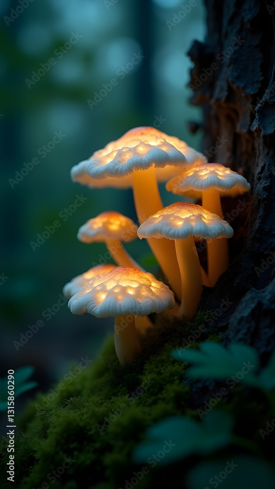 Fototapeta premium Frilly Sparassis crispa mushrooms glowing under soft light at the base of a tree in a dense forest.