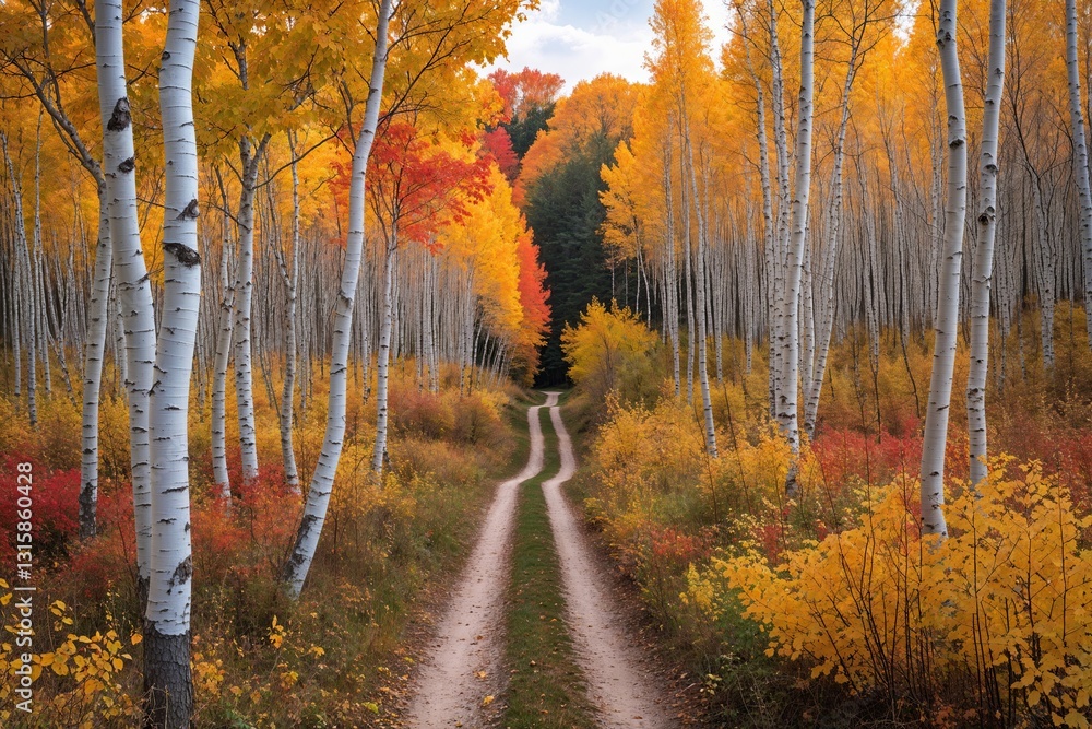 Fototapeta premium Enchanting Autumn Pathway of Colorful Aspens and Birches in Nature