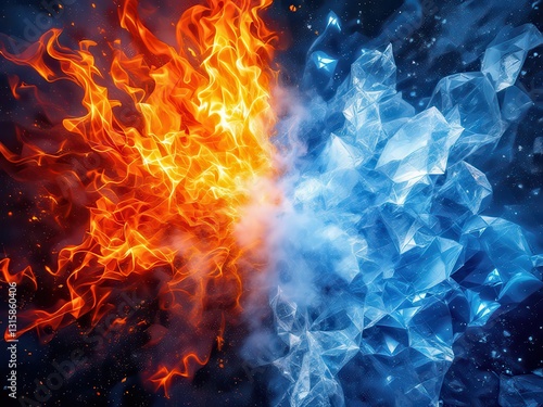 A dramatic scene depicting the contrast of fire and ice elements, symbolizing power and opposition, ideal for energy, nature, or fantasy designs.