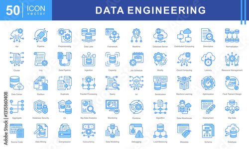 Data Engineering icon set featuring icons for data processing, pipelines, cloud computing, machine learning, and big data management. Ideal for IT, analytics, and database infrastructure projects.