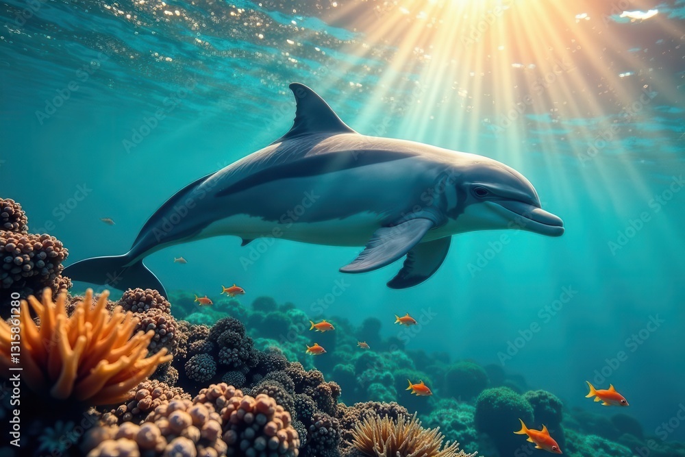 Obraz premium Oceanic Dolphin Gracefully Navigating a Vibrant Coral Reef Ecosystem Under the Sun's Radiant Beams