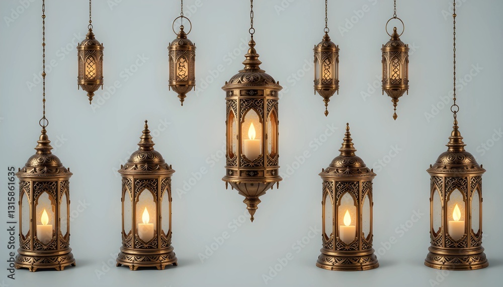 Obraz premium Set of isolated eastern lanterns. Arab fanous or vintage fanoos, antique glowing lamp with candle or hanging muslim light for arabic holiday. 