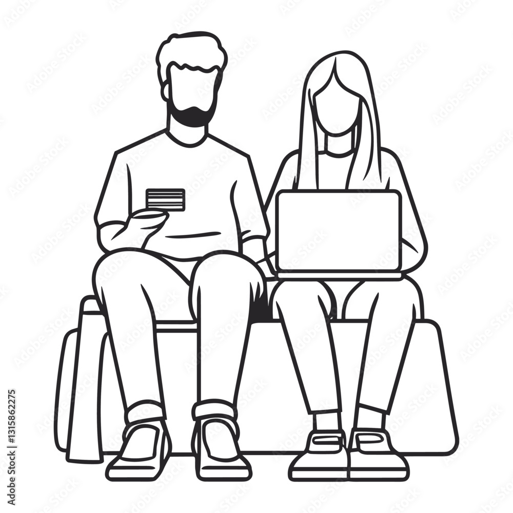 Two People Using Laptops – Minimalist Line Art Two People Using Laptops – Minimalist Line Art