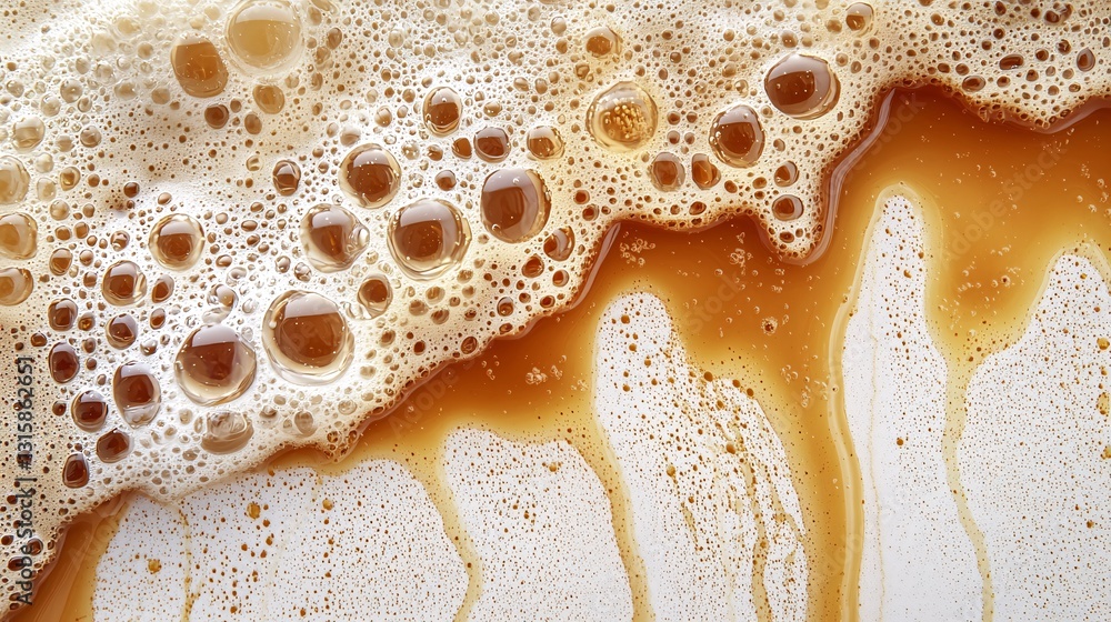 Close-Up View of Golden Foam and Bubbles on Liquid Surface
