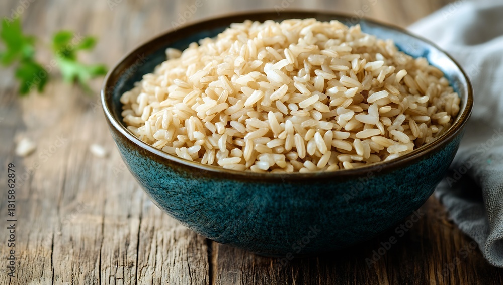 Delicious steamed white rice served in a blue decorative bowl with fresh herbs on a wooden background : Generative AI Delicious steamed white rice served in a blue decorative bowl with fresh herbs on a wooden background : Generative AI