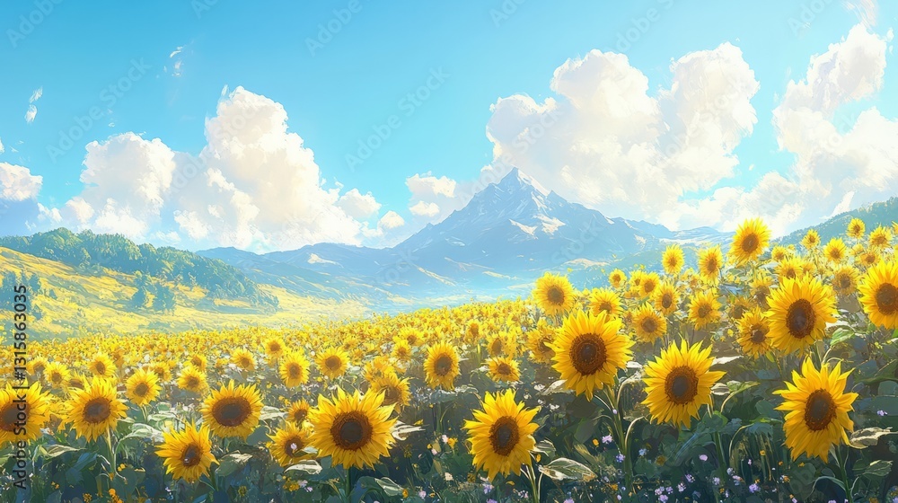 Obraz premium A field of sunflowers blooming in the spring, under a bright, clear blue sky 