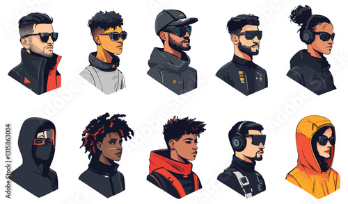 vector set of sci-fi avatars, including people in futuristic outfits with tech accessories