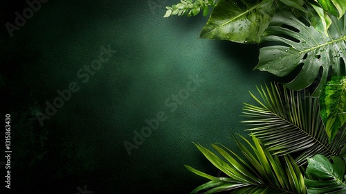 Lush tropical leaves on dark green background.