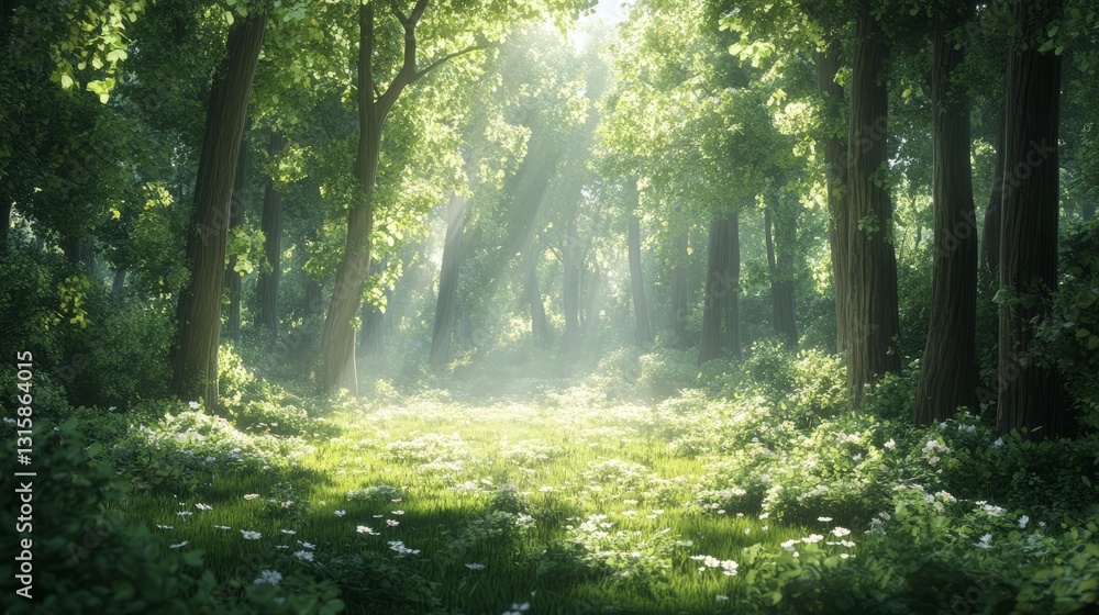 Naklejka premium A lush spring forest with sunlight streaming through the trees, fresh green leaves everywhere 